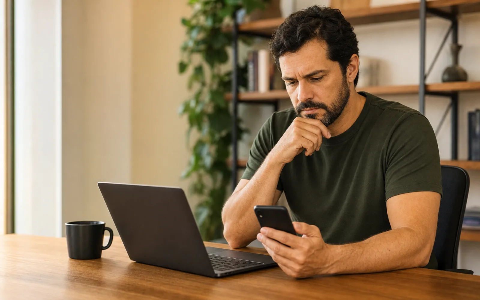 Profissional acompanhando uma conversa no celular ao lado do computador