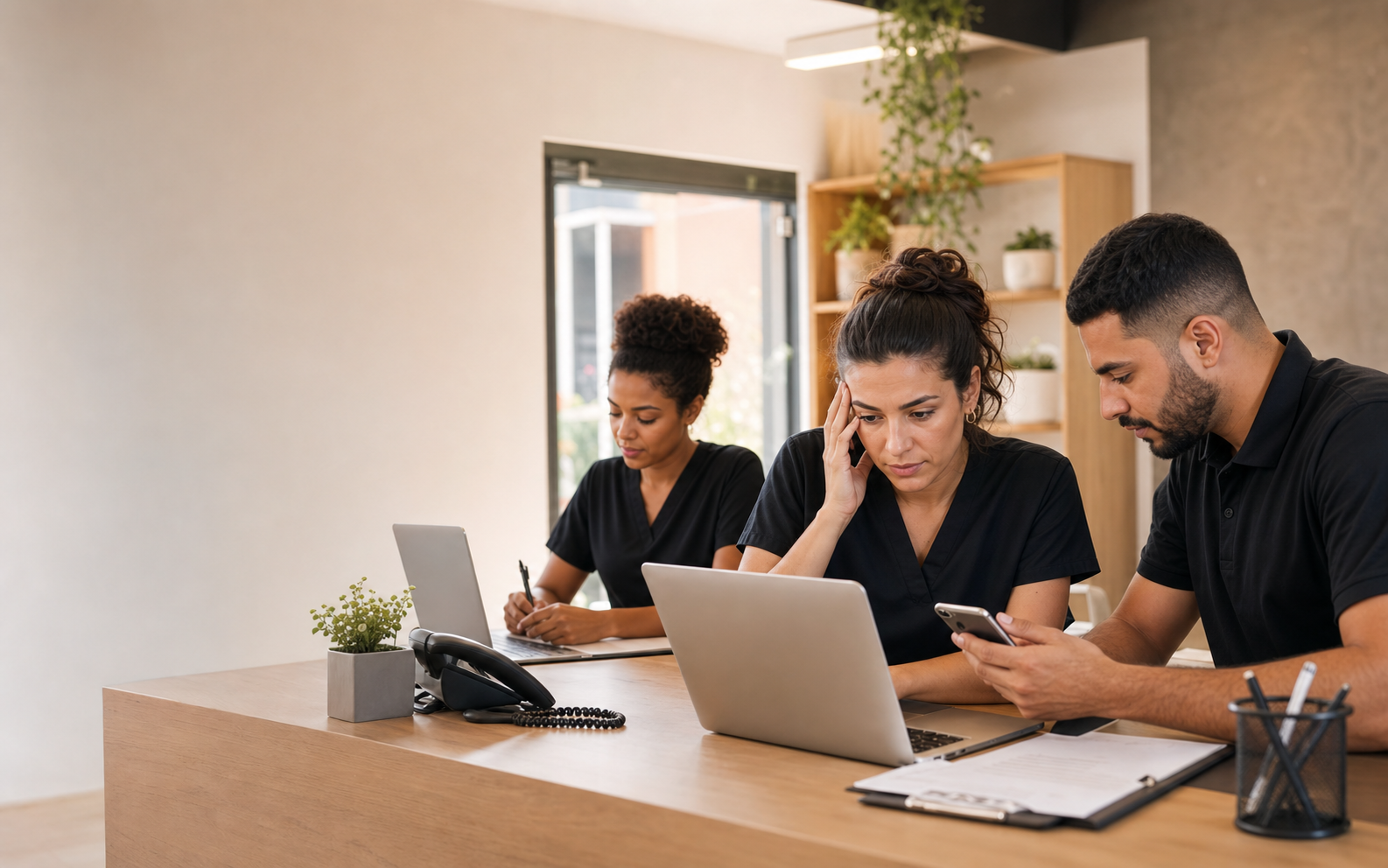 Equipe de atendimento acompanhando conversas em notebooks e celular